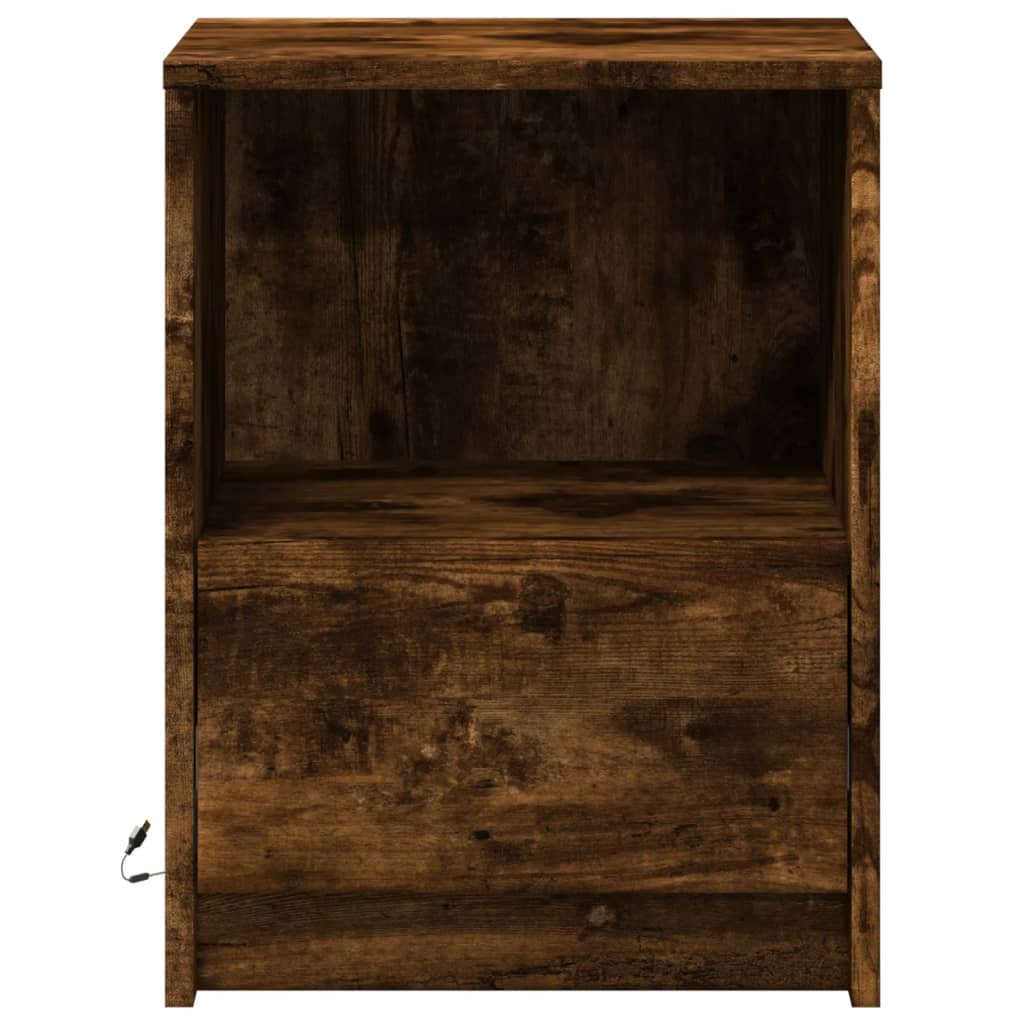 Armoire de chevet et lumières LED chêne fumé bois d'ingénierie