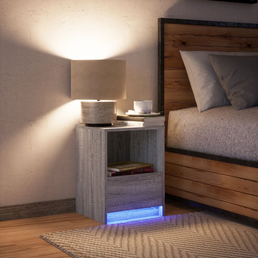 Armoire de chevet et lumières LED sonoma gris bois d'ingénierie