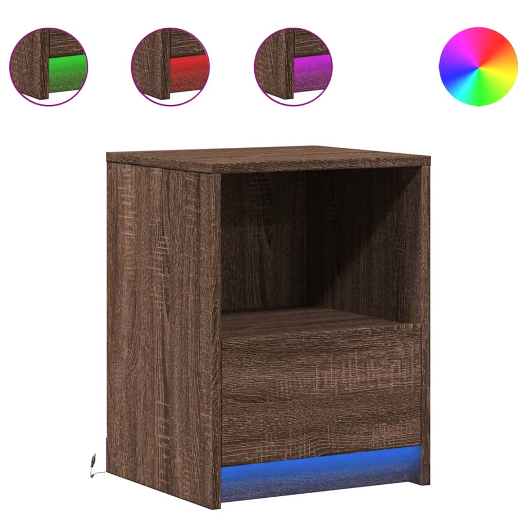 Armoire de chevet et lumières LED chêne marron bois ingénierie