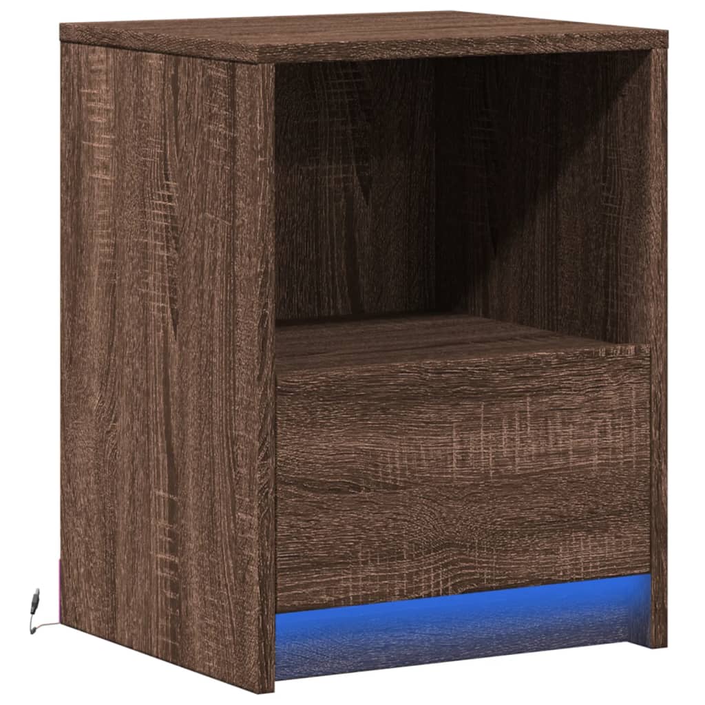 Armoire de chevet et lumières LED chêne marron bois ingénierie