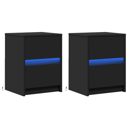 Armoires de chevet et lumières LED 2 pcs noir bois d'ingénierie