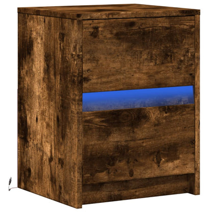 Armoire de chevet et lumières LED chêne fumé bois d'ingénierie