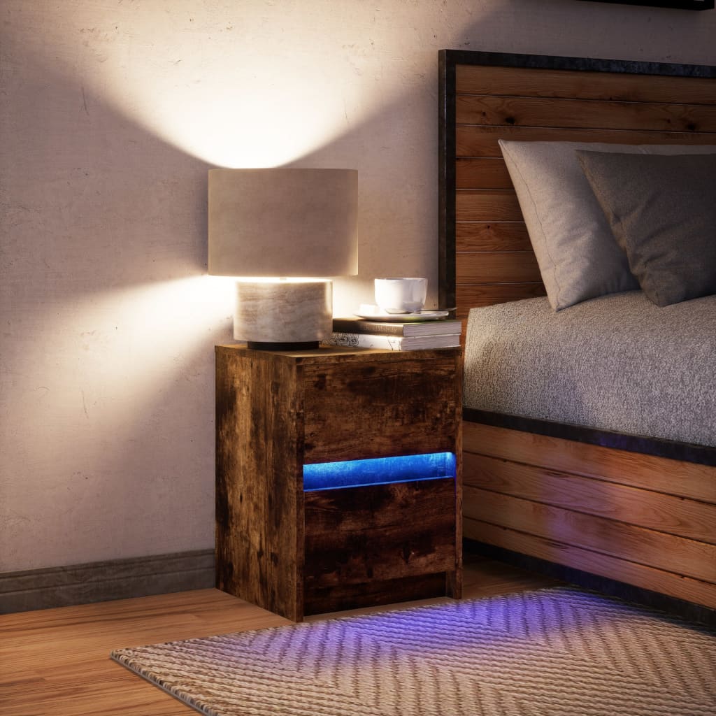 Armoire de chevet et lumières LED chêne fumé bois d'ingénierie