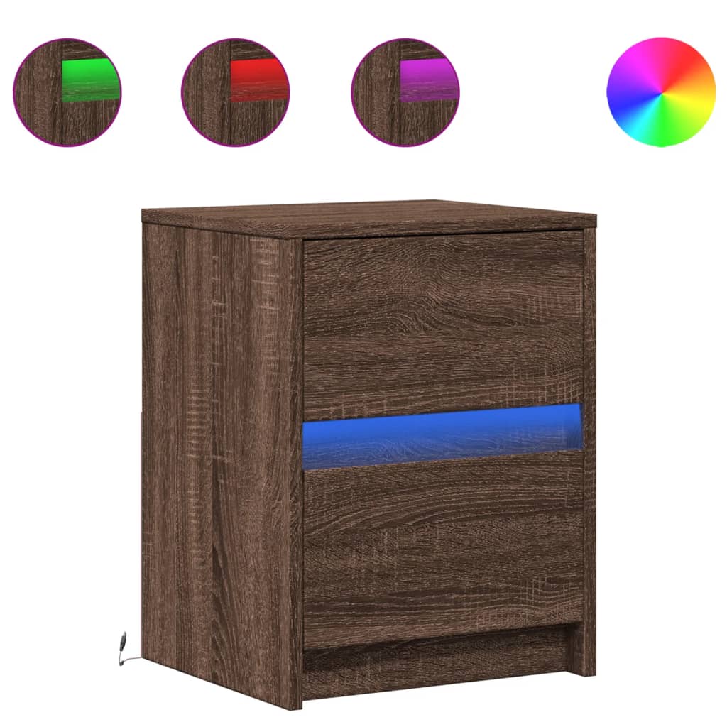 Armoire de chevet et lumières LED chêne marron bois ingénierie