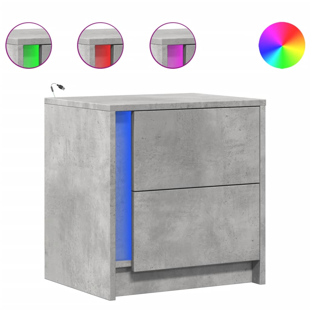 Armoire de chevet et lumières LED gris béton bois d'ingénierie