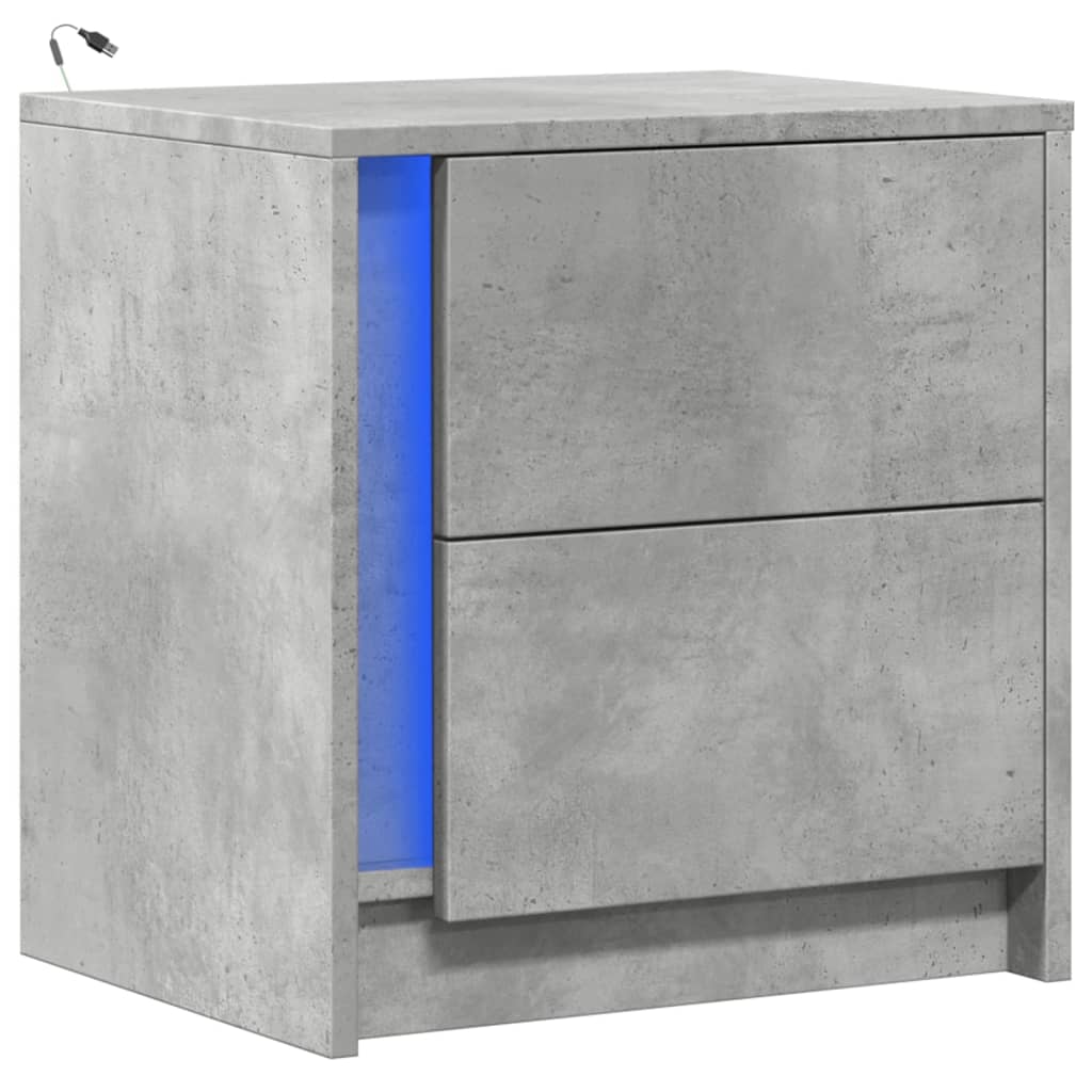 Armoire de chevet et lumières LED gris béton bois d'ingénierie