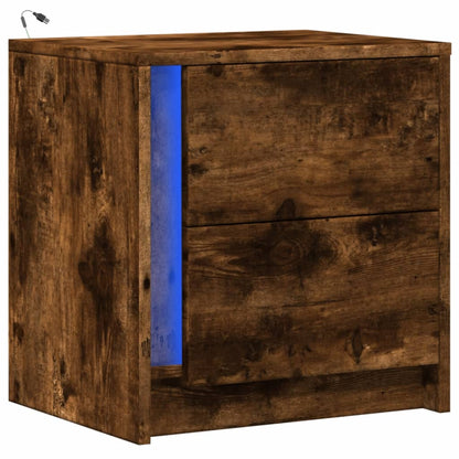 Armoire de chevet et lumières LED chêne fumé bois d'ingénierie