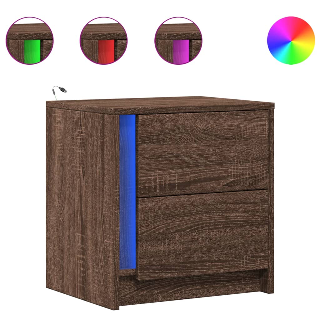 Armoire de chevet et lumières LED chêne marron bois ingénierie