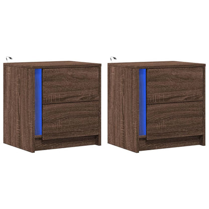 Armoires de chevet et lumières LED 2 pcs chêne marron