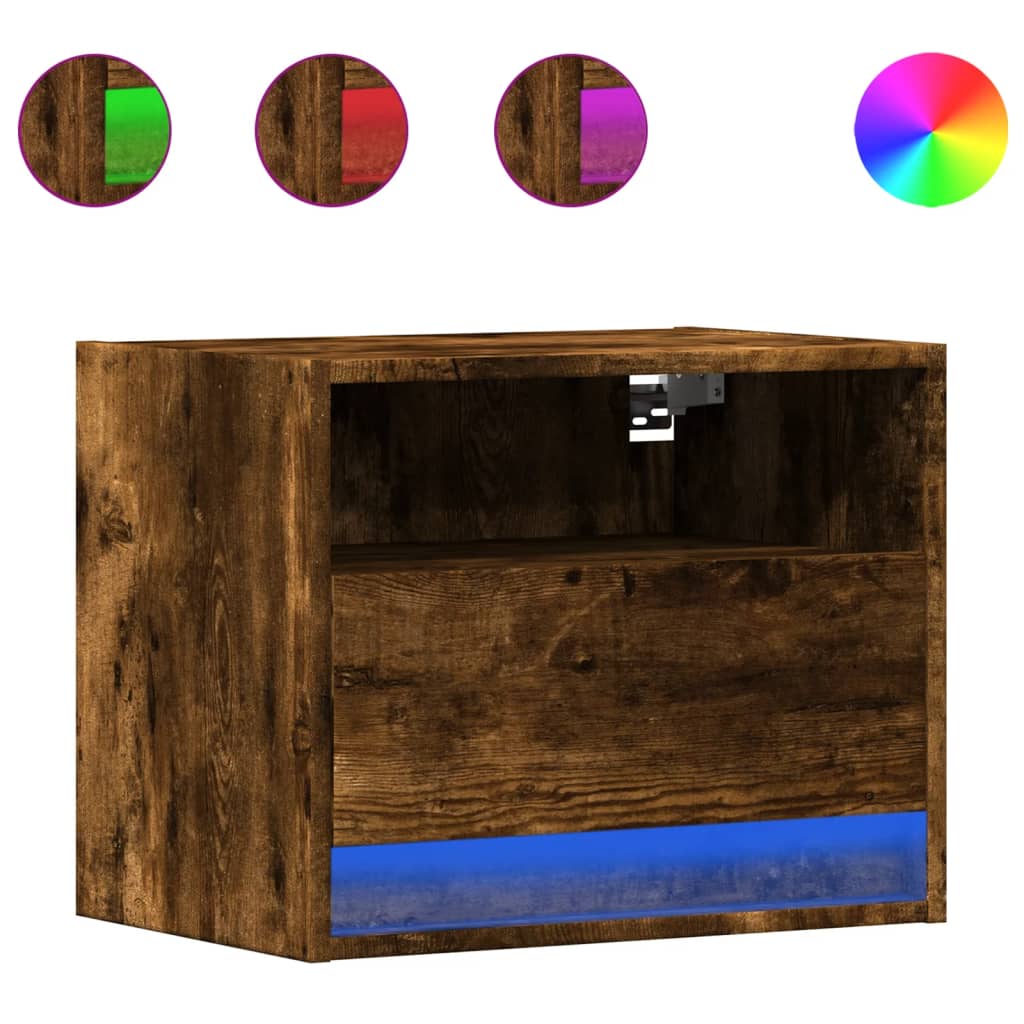 Table de chevet murale avec lumières LED chêne fumé