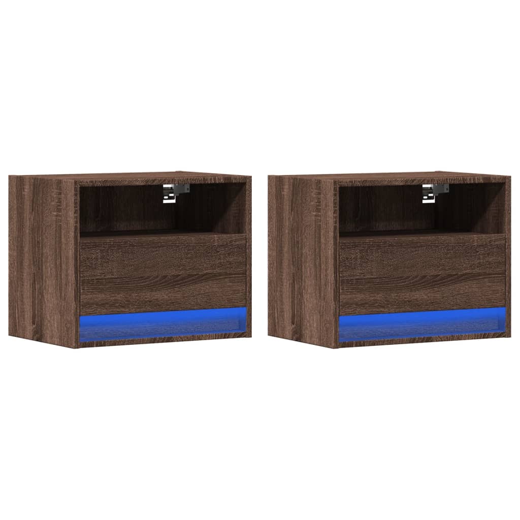 Tables de chevet murales avec lumières LED 2 pcs chêne marron