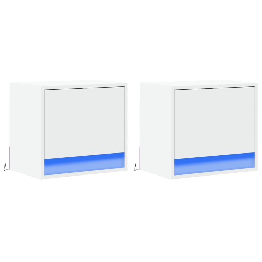 Tables de chevet murales avec lumières LED 2 pcs blanc