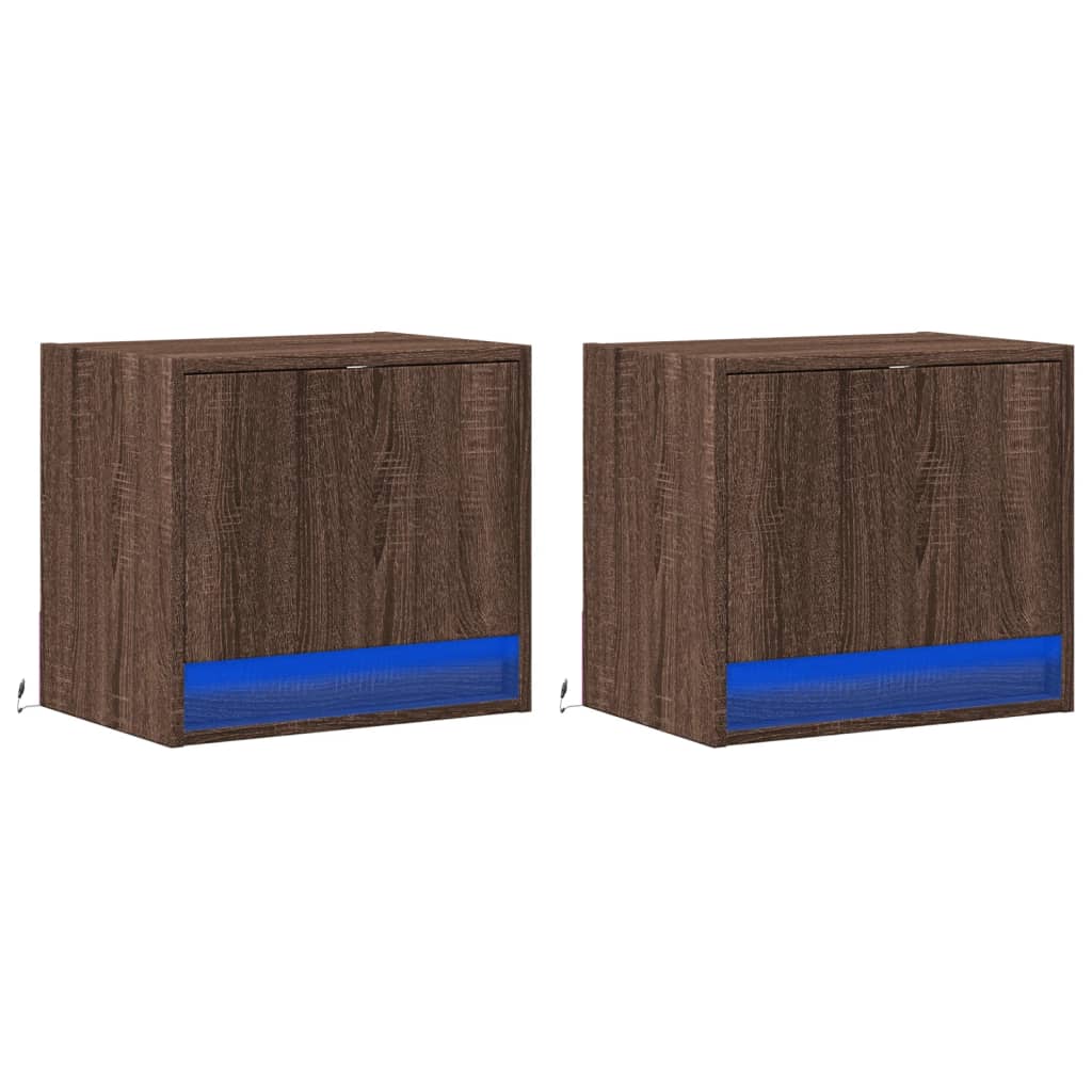 Tables de chevet murales avec lumières LED 2 pcs chêne marron