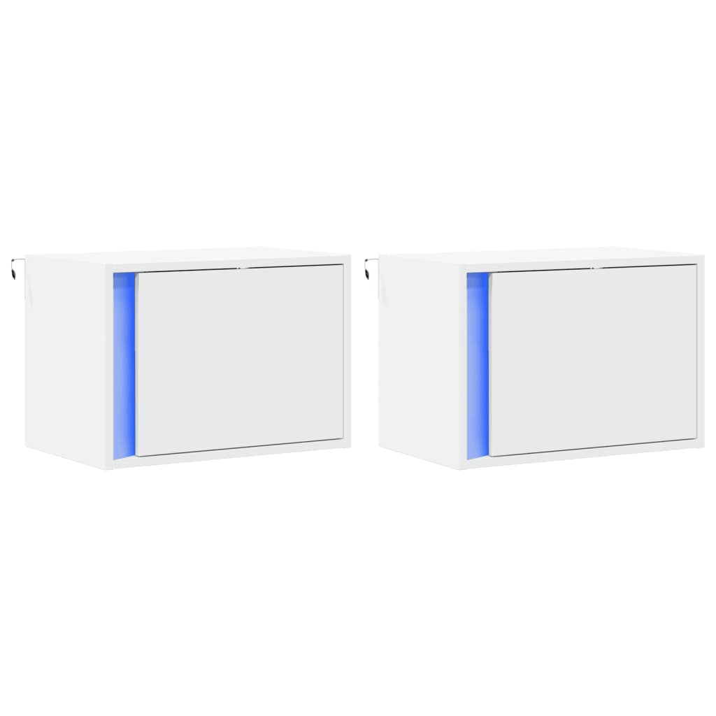 Tables de chevet murales avec lumières LED 2 pcs blanc