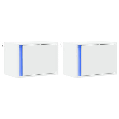 Tables de chevet murales avec lumières LED 2 pcs blanc