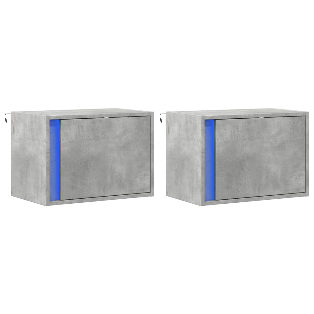 Tables de chevet murales avec lumières LED 2 pcs gris béton