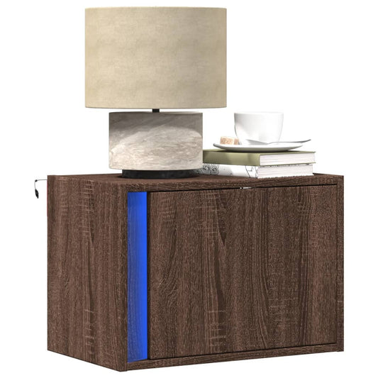 Table de chevet murale avec lumières LED chêne marron