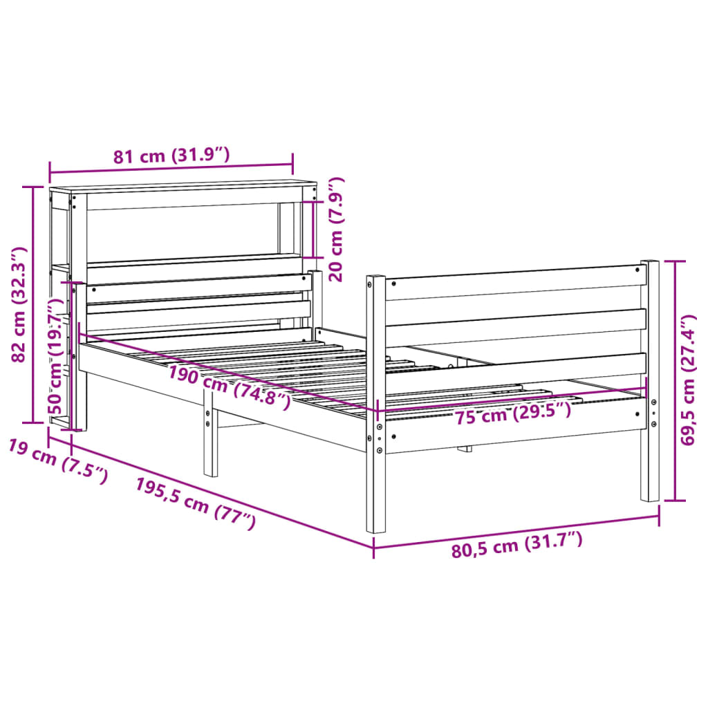 Cadre de lit avec tête de lit sans matelas 75x190 cm