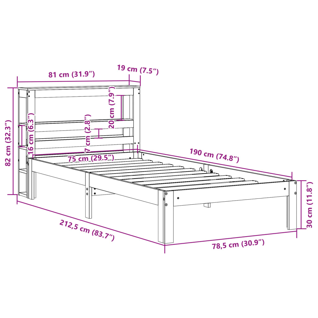 Cadre de lit avec tête de lit sans matelas 75x190 cm