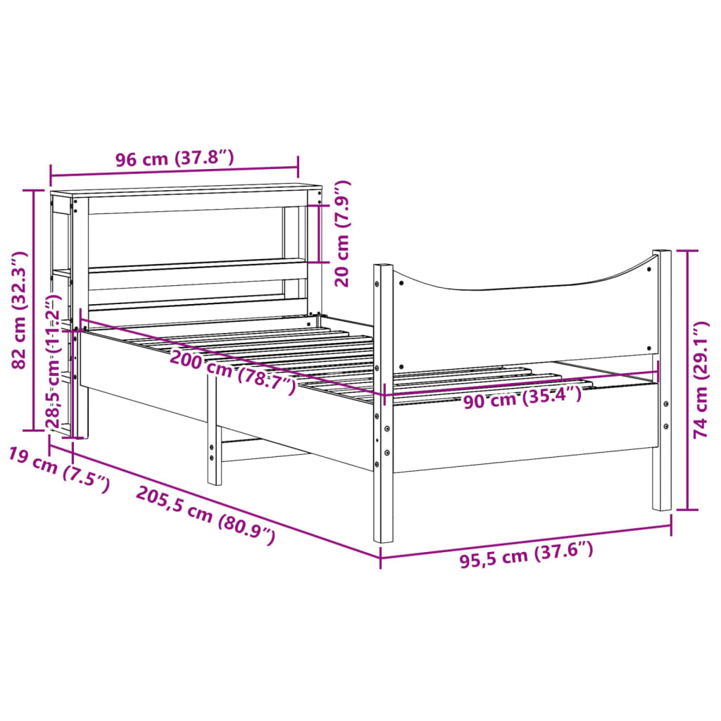 Cadre de lit avec tête de lit cire marron 90x200 cm bois de pin