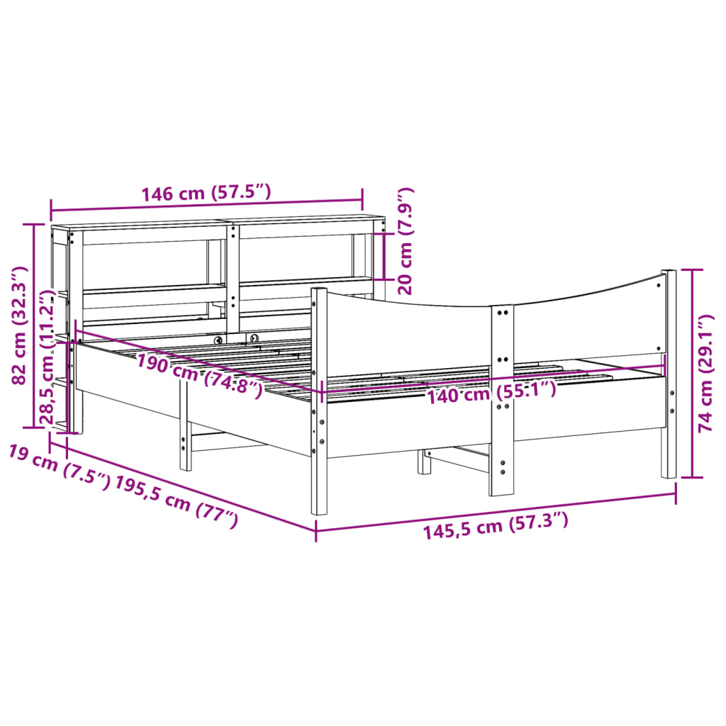 Cadre de lit avec tête de lit cire marron 140x190cm bois de pin