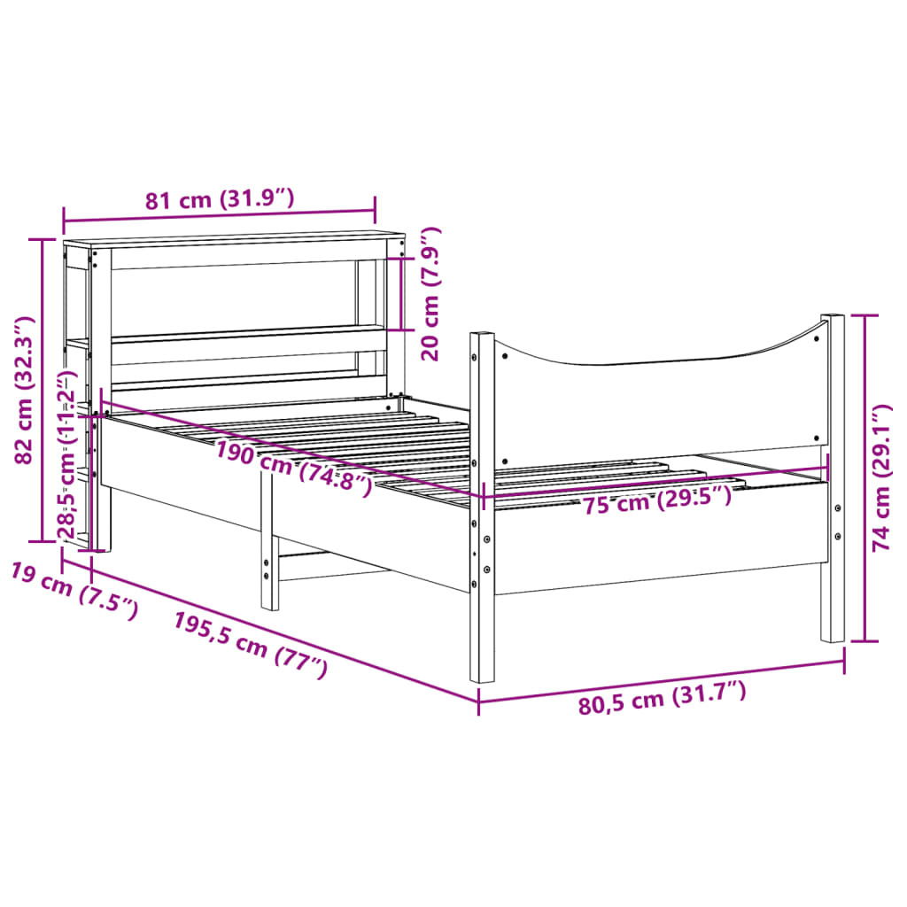 Cadre de lit avec tête de lit 75x190 cm bois de pin massif