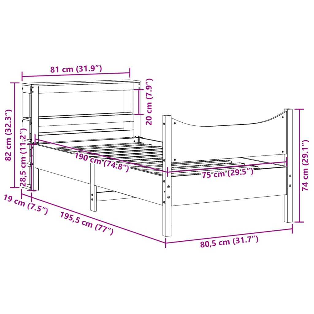 Cadre de lit avec tête de lit blanc 75x190cm bois de pin massif