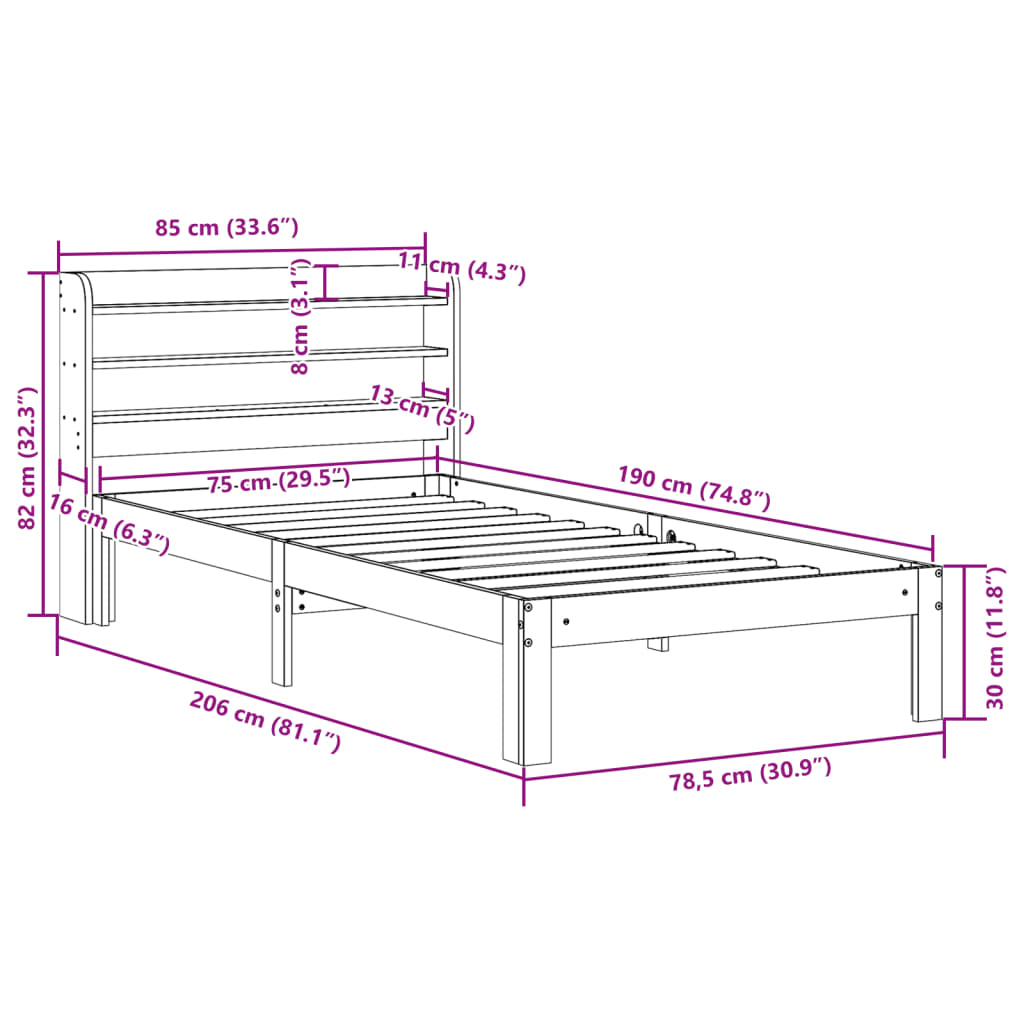 Cadre de lit avec tête de lit sans matelas 75x190 cm