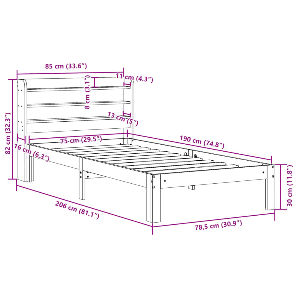 Cadre de lit sans matelas cire marron 75x190 cm bois pin massif