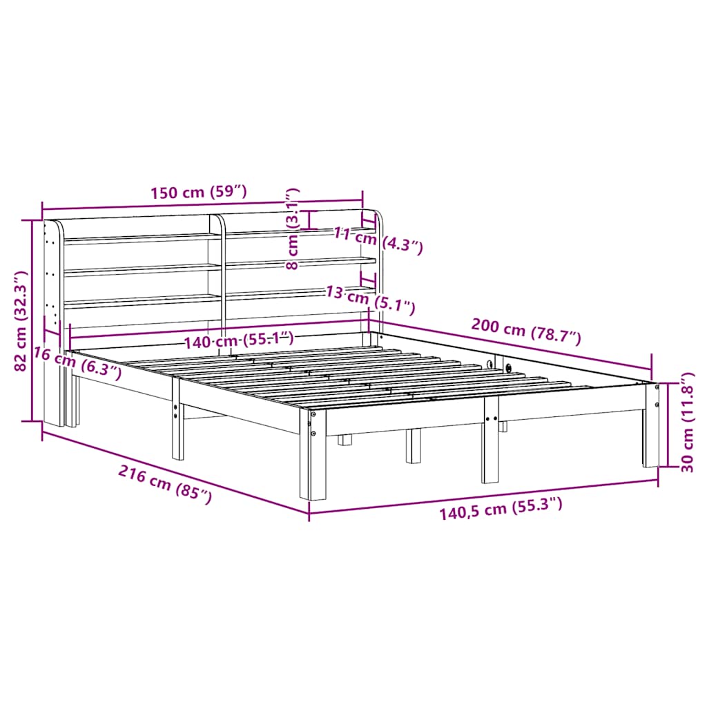 Cadre de lit sans matelas cire marron 140x200cm bois pin massif