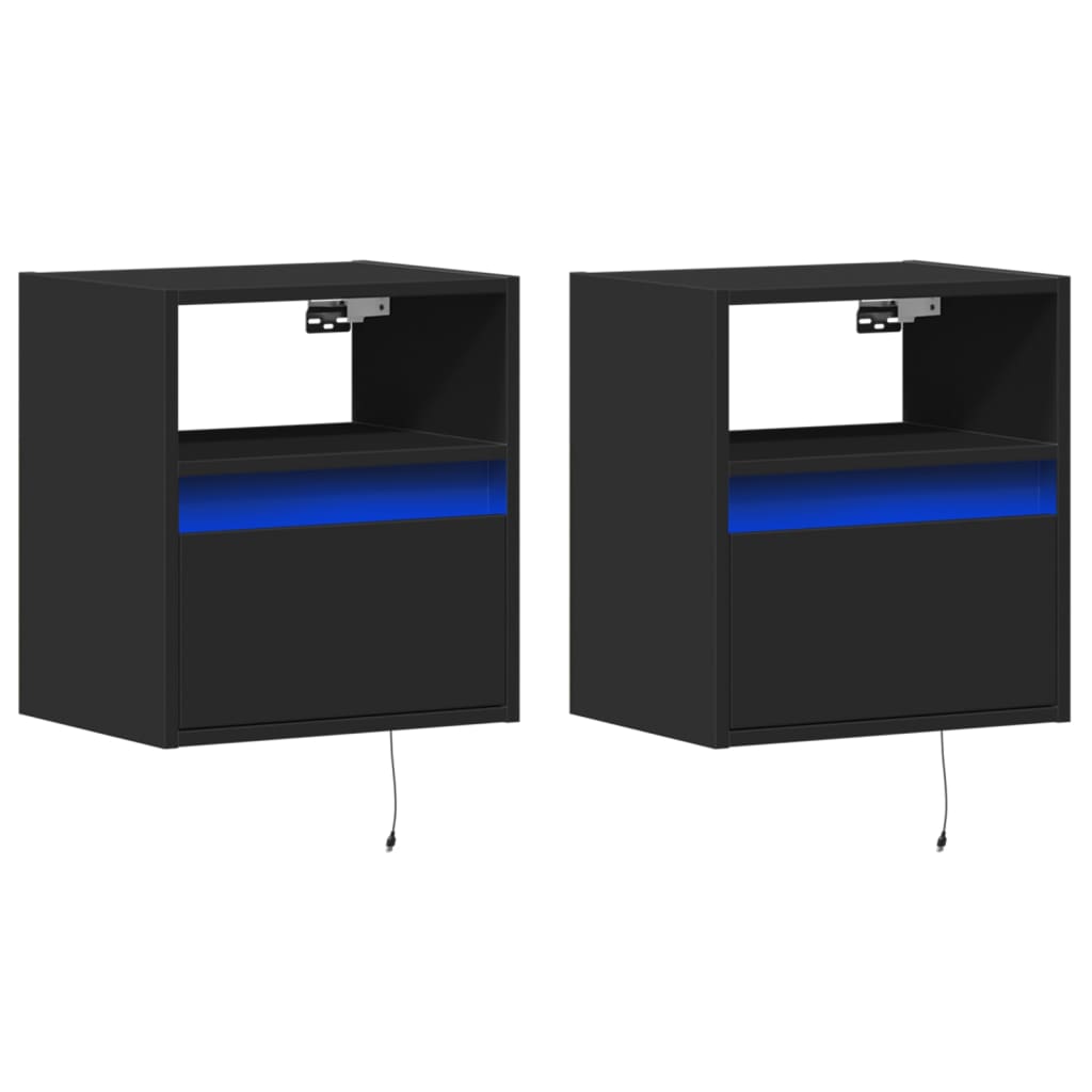 Tables de chevet murales avec lumières LED 2 pcs noir