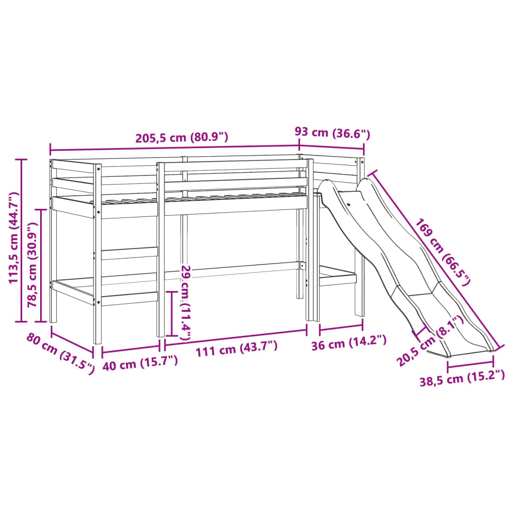 Lit mezzanine d'enfants sans matelas 80x200 cm bois pin massif