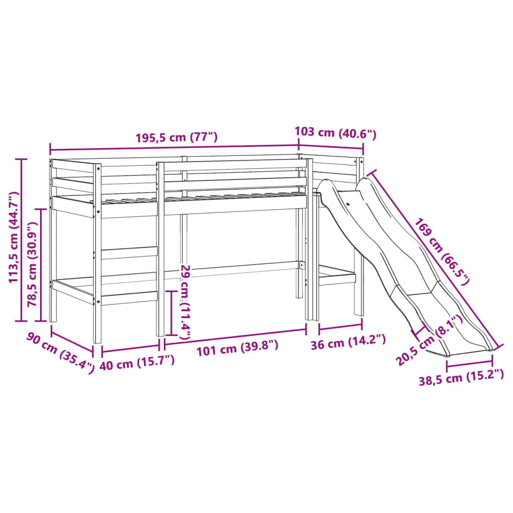 Lit mezzanine d'enfants sans matelas 90x190 cm bois pin massif