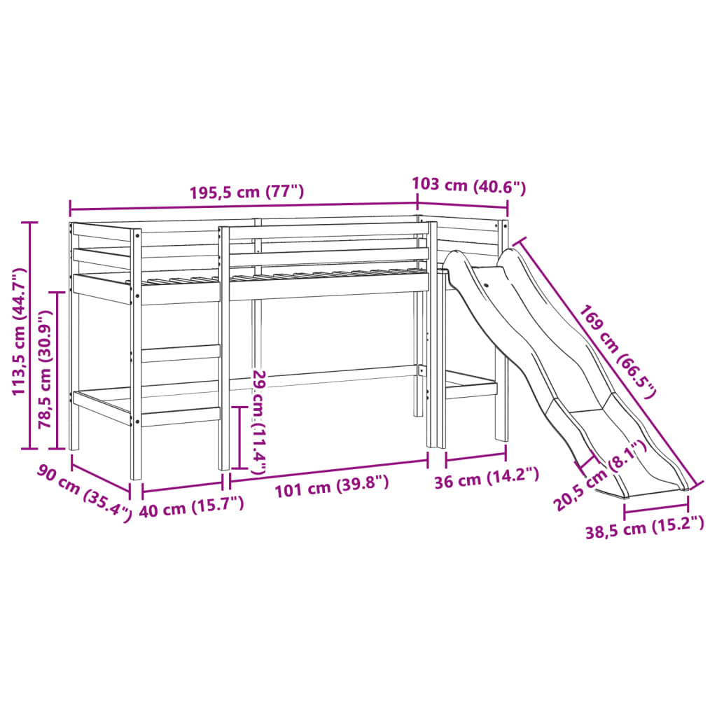 Lit mezzanine d'enfants sans matelas 90x190 cm bois pin massif