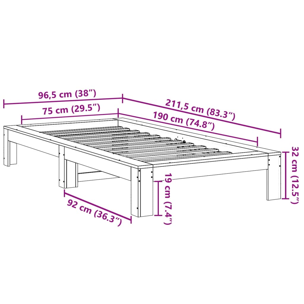 Cadre de lit sans matelas cire marron 75x190 cm bois pin massif