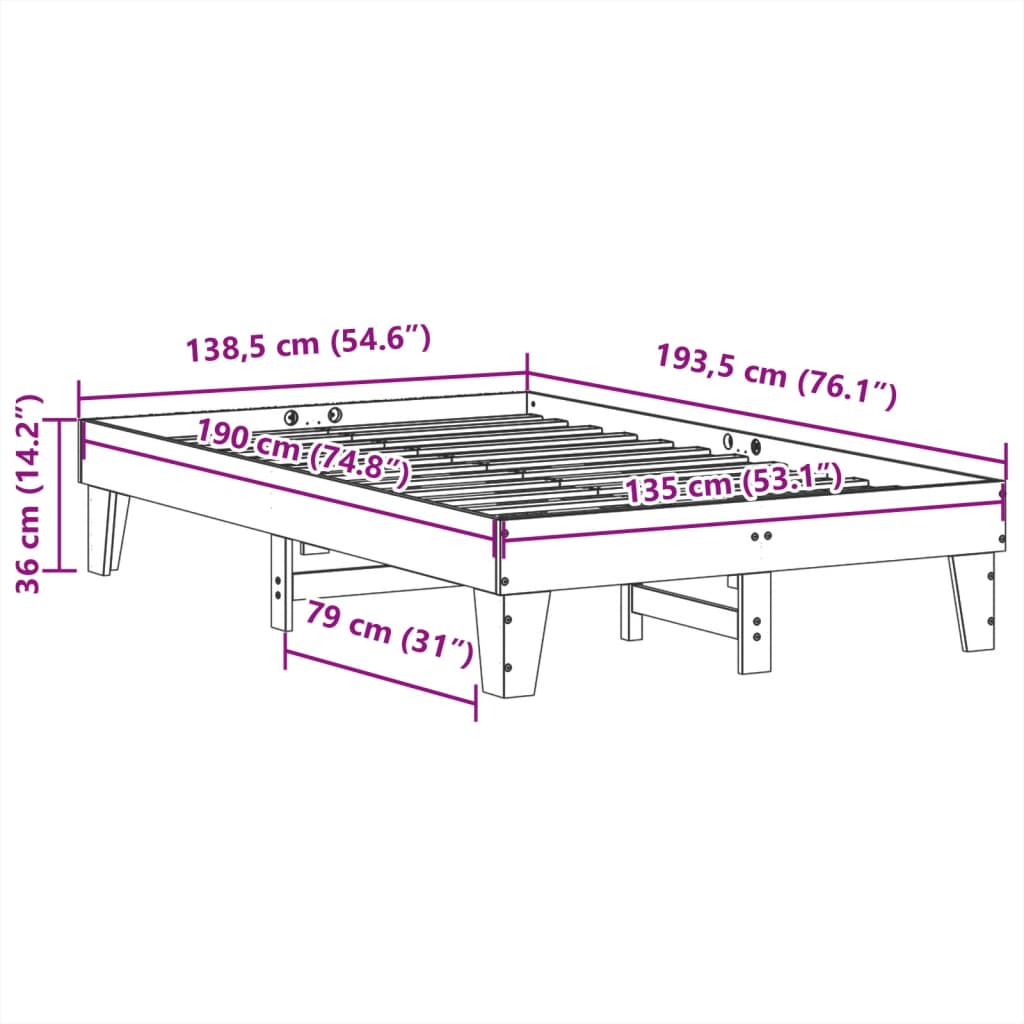 Cadre de lit sans matelas cire marron 135x190cm bois pin massif