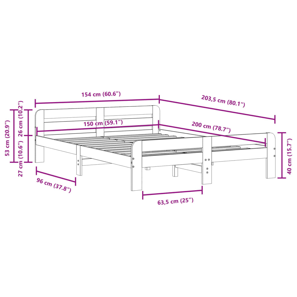 Cadre de lit sans matelas blanc 150x200 cm bois de pin massif