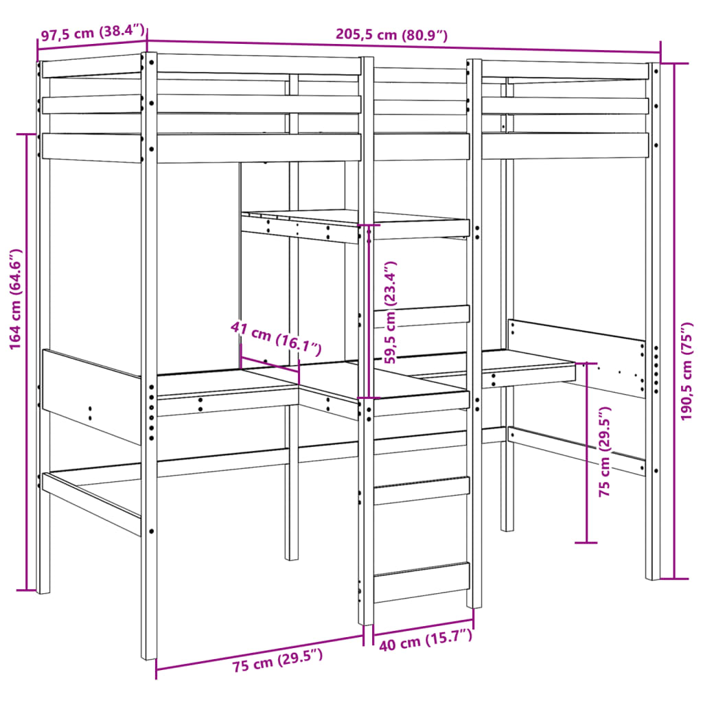 Lit mezzanine avec bureau et étagères 90x200 cm pin massif