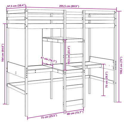 Lit mezzanine avec bureau et étagères blanc 90x200cm pin massif