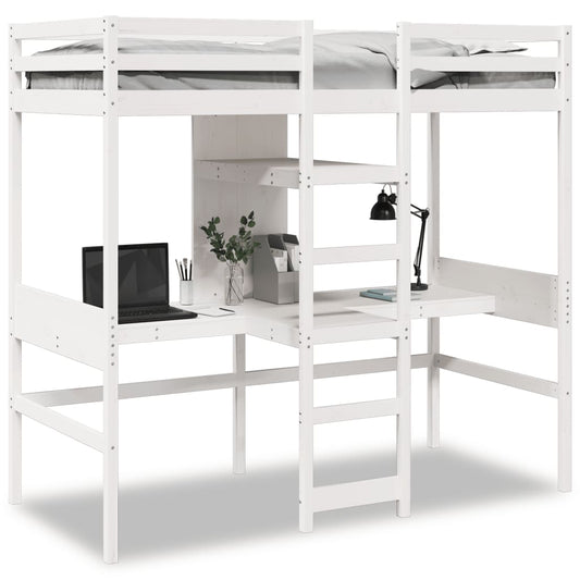 Lit mezzanine avec bureau et étagères blanc 90x200cm pin massif