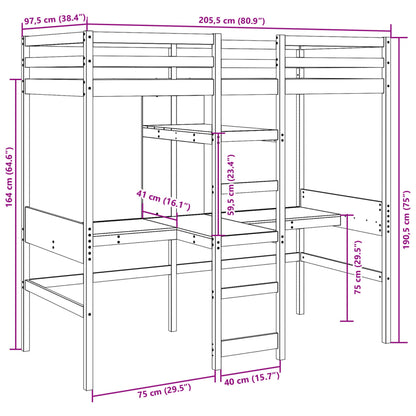 Lit mezzanine avec bureau et étagères brun cire 90x200 cm pin