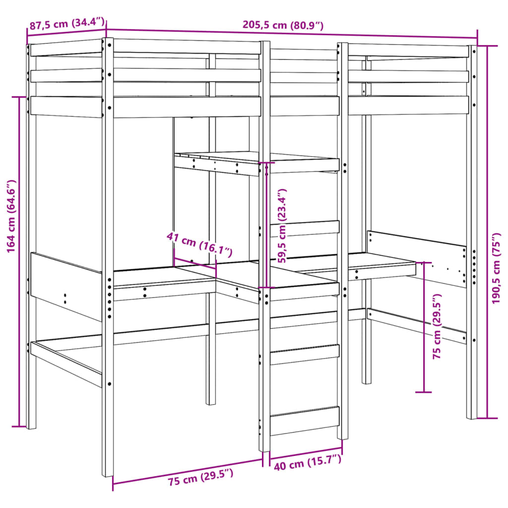 Cadre de lit superposé sans matelas 80x200cm bois massif de pin