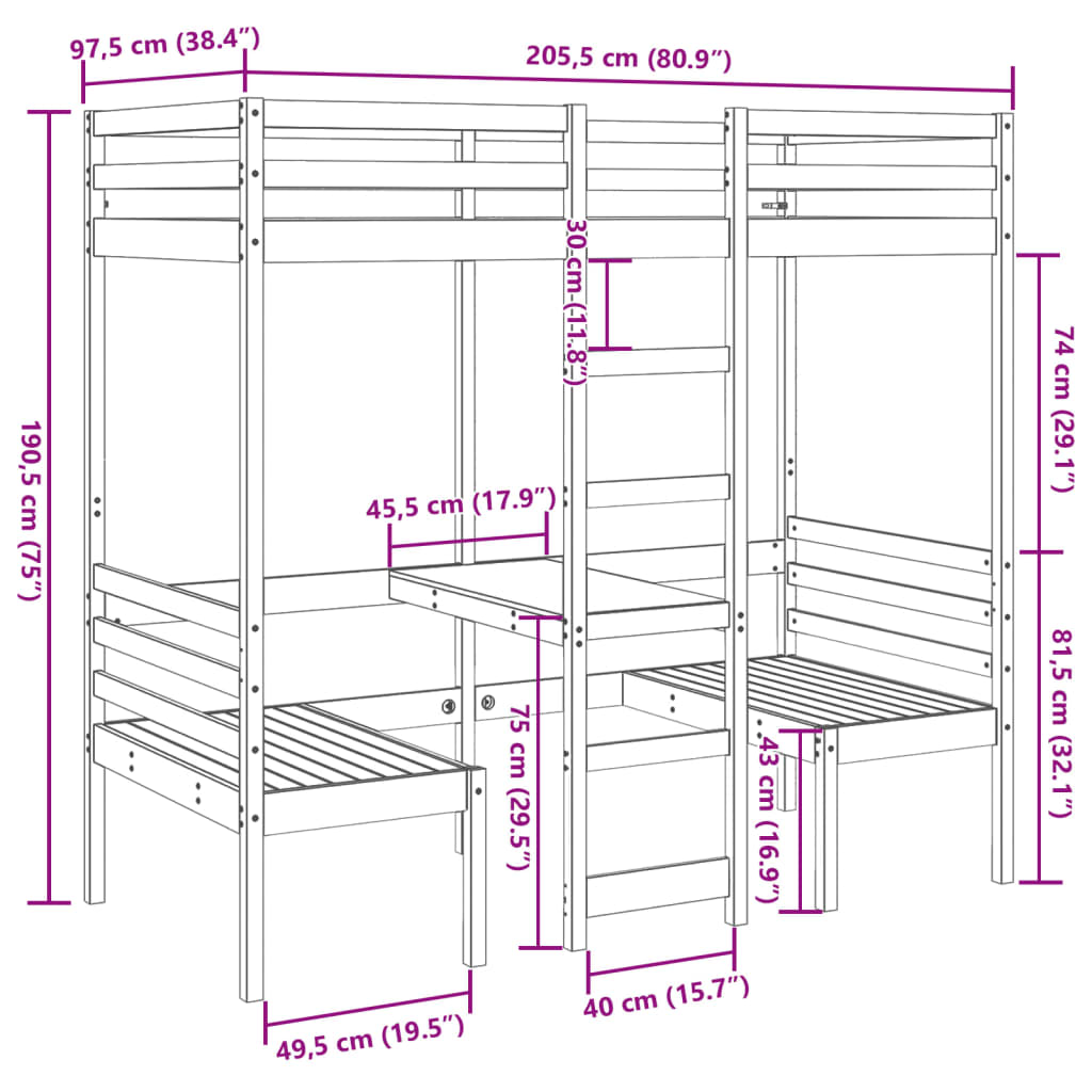 Lit mezzanine avec bureau et chaises 90x200 cm pin massif