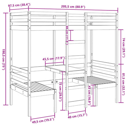 Lit mezzanine avec bureau et chaises 90x200 cm pin massif