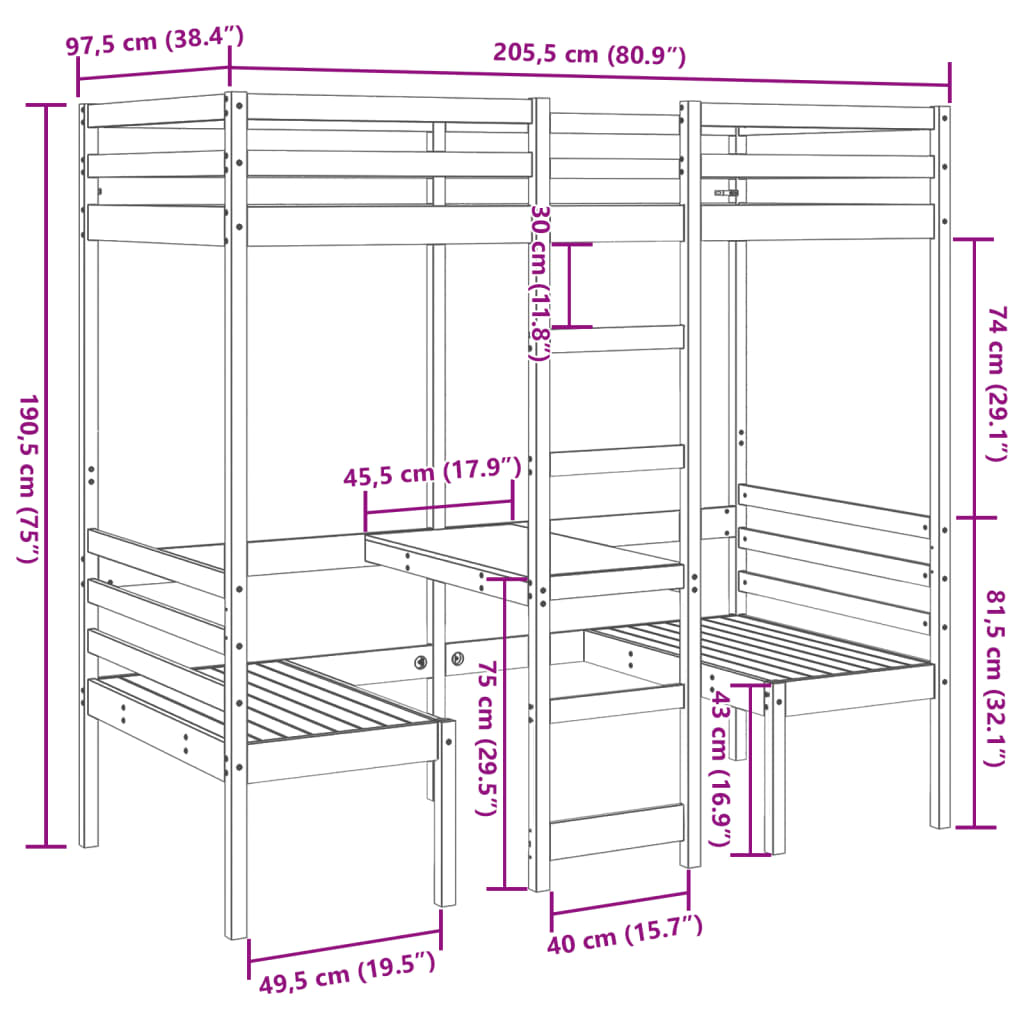 Lit mezzanine avec bureau et chaises blanc 90x200 cm pin massif