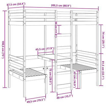 Lit mezzanine avec bureau et chaises 80x200 cm pin massif