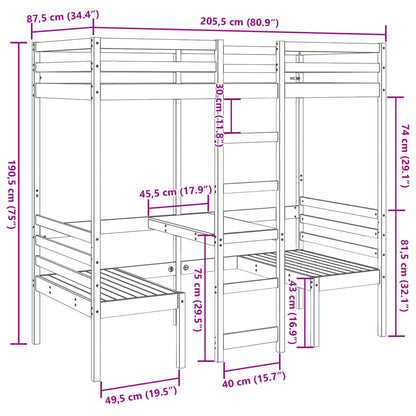 Lit mezzanine avec bureau et chaises blanc 80x200 cm pin massif