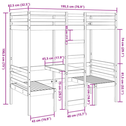 Lit mezzanine avec bureau et chaises 75x190 cm pin massif