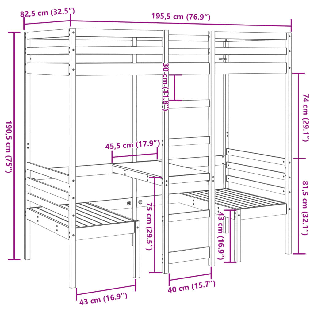 Lit mezzanine avec bureau et chaises blanc 75x190 cm pin massif