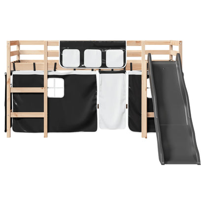 Lit mezzanine enfants et rideaux blanc/noir 80x200cm pin massif